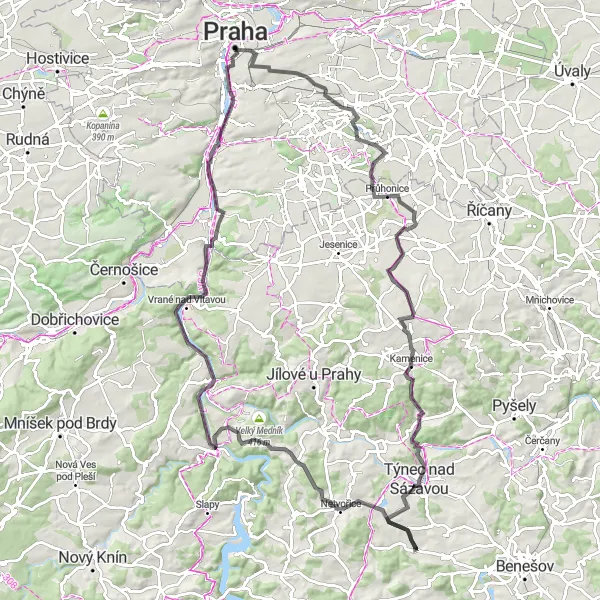 Miniaturní mapa "Okruh kolem Prahy 2" inspirace pro cyklisty v oblasti Praha, Czech Republic. Vytvořeno pomocí plánovače tras Tarmacs.app