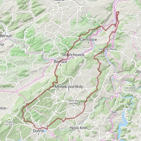 Miniaturní mapa "Trasa kolem Modřan a Králova stolice" inspirace pro cyklisty v oblasti Praha, Czech Republic. Vytvořeno pomocí plánovače tras Tarmacs.app