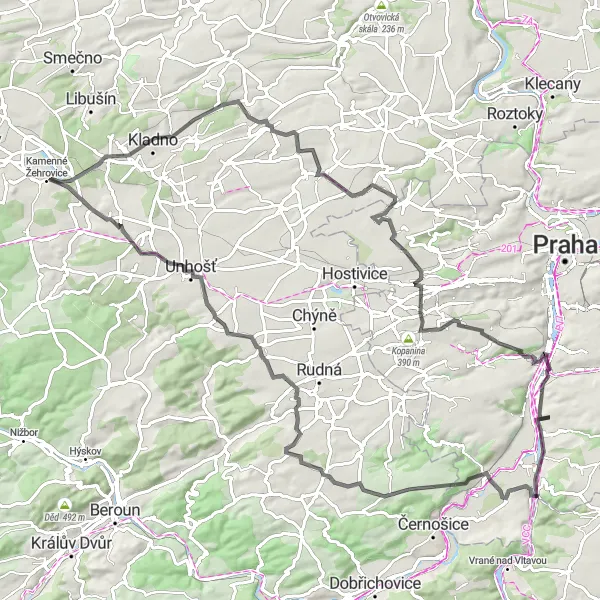 Mapa miniatúra "Okružná cyklistická trasa cez Zbraslav a Středokluky" cyklistická inšpirácia v Praha, Czech Republic. Vygenerované cyklistickým plánovačom trás Tarmacs.app