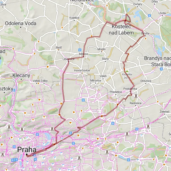 Map miniature of "Gravel Adventure through Prague's outskirts" cycling inspiration in Praha, Czech Republic. Generated by Tarmacs.app cycling route planner