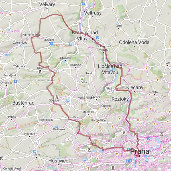 Miniaturní mapa "Gravelová exkurze po okolí Prahy" inspirace pro cyklisty v oblasti Praha, Czech Republic. Vytvořeno pomocí plánovače tras Tarmacs.app