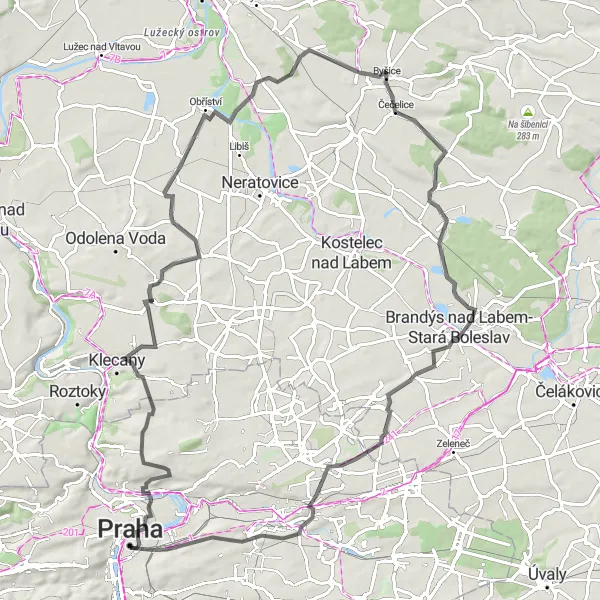 Miniaturní mapa "Okružní cyklistická trasa z Prahy – Road" inspirace pro cyklisty v oblasti Praha, Czech Republic. Vytvořeno pomocí plánovače tras Tarmacs.app