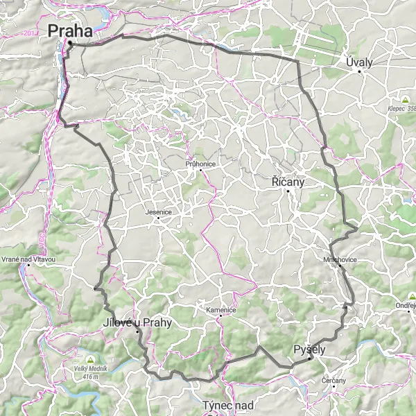 Miniaturní mapa "Cyklistická trasa Praha - okolí" inspirace pro cyklisty v oblasti Praha, Czech Republic. Vytvořeno pomocí plánovače tras Tarmacs.app