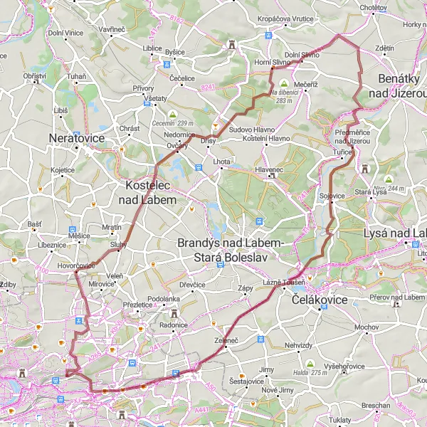 Miniatura mapy "Długa trasa gravelowa z Prosek" - trasy rowerowej w Praha, Czech Republic. Wygenerowane przez planer tras rowerowych Tarmacs.app
