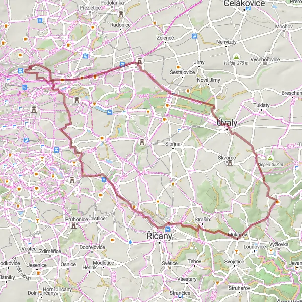 Map miniature of "Gravel Route to Masojedy and Mukařov" cycling inspiration in Praha, Czech Republic. Generated by Tarmacs.app cycling route planner