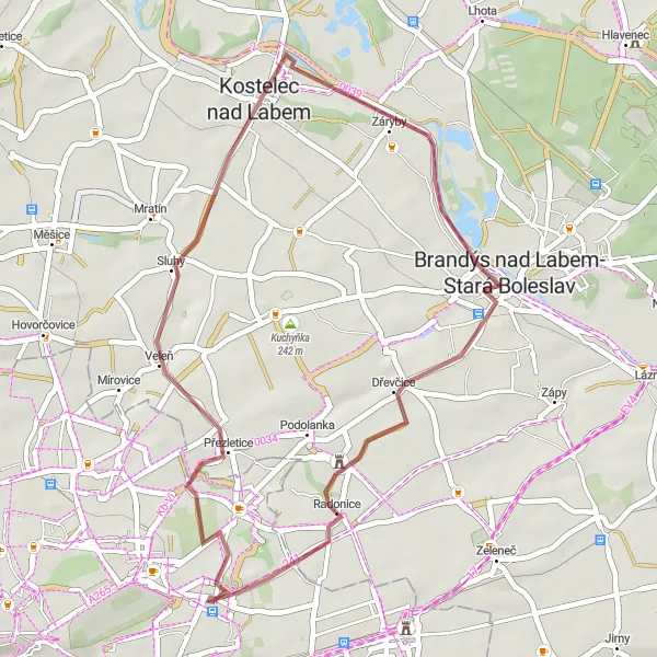 Mapa miniatúra "Gravelová cyklistická trasa Satalice - Dřevčice" cyklistická inšpirácia v Praha, Czech Republic. Vygenerované cyklistickým plánovačom trás Tarmacs.app