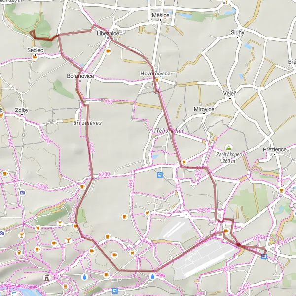 Miniaturní mapa "Gravelová okružní trasa Praha - Krkavčí vrch - Březiněves" inspirace pro cyklisty v oblasti Praha, Czech Republic. Vytvořeno pomocí plánovače tras Tarmacs.app