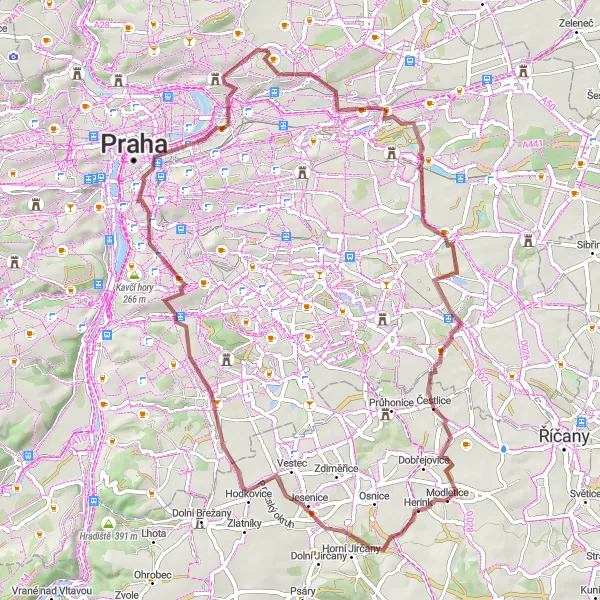 Map miniature of "Gravel Adventure to Střížkov" cycling inspiration in Praha, Czech Republic. Generated by Tarmacs.app cycling route planner