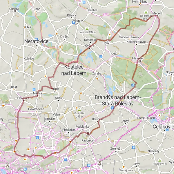 Miniaturní mapa "Gravel route through the countryside" inspirace pro cyklisty v oblasti Praha, Czech Republic. Vytvořeno pomocí plánovače tras Tarmacs.app