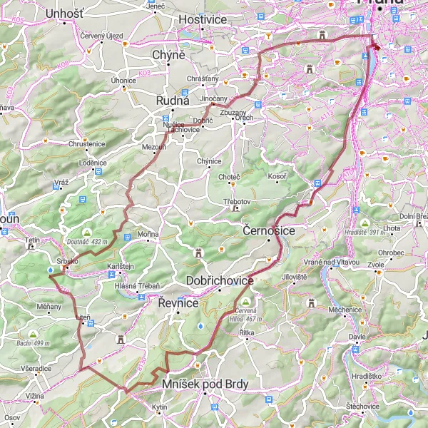 Miniatura mapy "Trasa Gravelowa do Buďánki" - trasy rowerowej w Praha, Czech Republic. Wygenerowane przez planer tras rowerowych Tarmacs.app