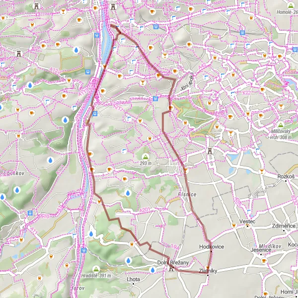 Miniatura mapy "Gravelowy Szlak Hodkovice" - trasy rowerowej w Praha, Czech Republic. Wygenerowane przez planer tras rowerowych Tarmacs.app