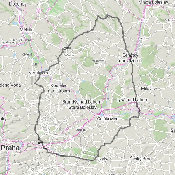 Miniaturní mapa "Osady a vesnice kolem Prahy" inspirace pro cyklisty v oblasti Praha, Czech Republic. Vytvořeno pomocí plánovače tras Tarmacs.app