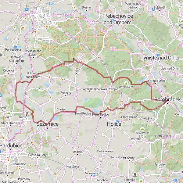 Miniaturní mapa "Okruh kolem Borohrádku a Kunětické hory" inspirace pro cyklisty v oblasti Severovýchod, Czech Republic. Vytvořeno pomocí plánovače tras Tarmacs.app