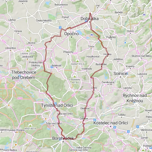 Mapa miniatúra "Pestrý okruh po štrkovom teréne" cyklistická inšpirácia v Severovýchod, Czech Republic. Vygenerované cyklistickým plánovačom trás Tarmacs.app