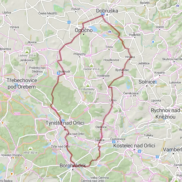 Miniaturní mapa "Gravel Tour to Týniště nad Orlicí" inspirace pro cyklisty v oblasti Severovýchod, Czech Republic. Vytvořeno pomocí plánovače tras Tarmacs.app