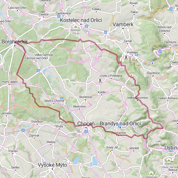 Miniaturní mapa "Scenic Gravel Route to Dolní Jelení" inspirace pro cyklisty v oblasti Severovýchod, Czech Republic. Vytvořeno pomocí plánovače tras Tarmacs.app