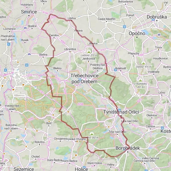 Miniaturní mapa "Gravelový výlet do Divce a Týniště nad Orlicí" inspirace pro cyklisty v oblasti Severovýchod, Czech Republic. Vytvořeno pomocí plánovače tras Tarmacs.app