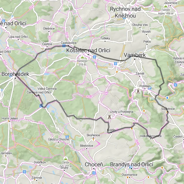 Map miniature of "Exploring Orlické Mountains" cycling inspiration in Severovýchod, Czech Republic. Generated by Tarmacs.app cycling route planner