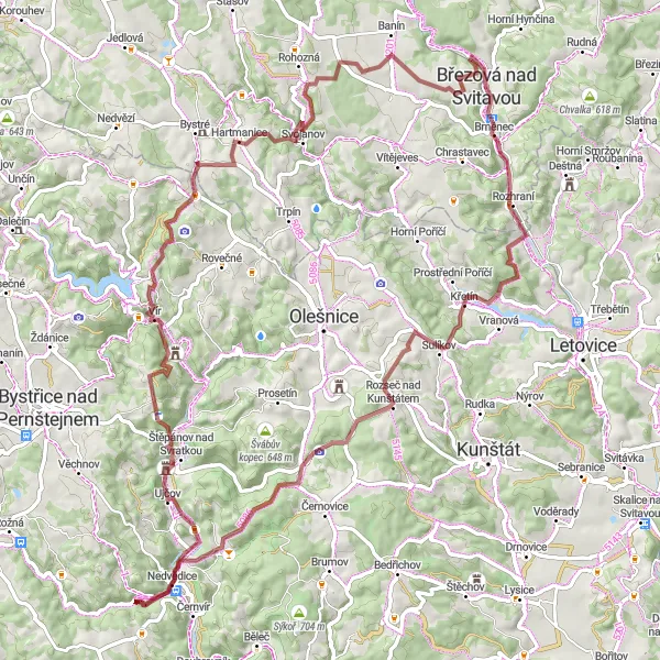 Miniaturní mapa "Gravel road kola kolem Křetína" inspirace pro cyklisty v oblasti Severovýchod, Czech Republic. Vytvořeno pomocí plánovače tras Tarmacs.app