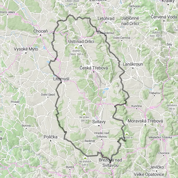 Miniaturní mapa "Road Cycling Adventure through North-East Czech Republic" inspirace pro cyklisty v oblasti Severovýchod, Czech Republic. Vytvořeno pomocí plánovače tras Tarmacs.app