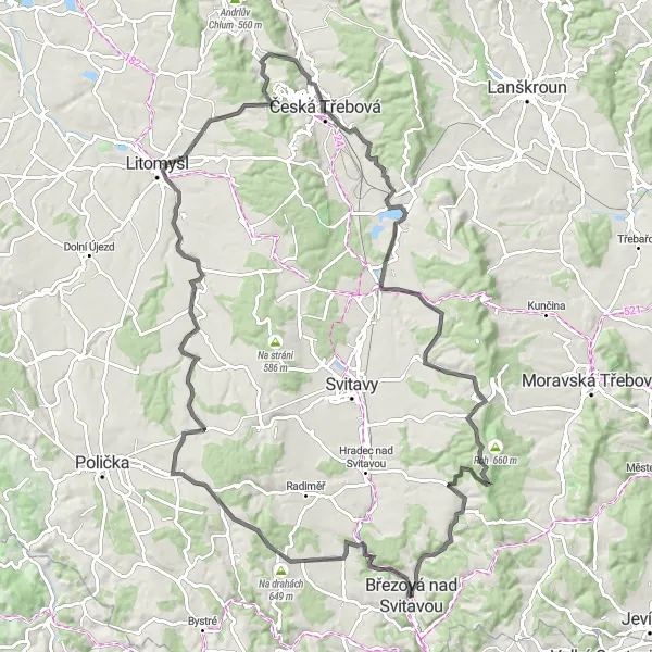 Miniaturní mapa "Scenic Cycling Route near Březová nad Svitavou" inspirace pro cyklisty v oblasti Severovýchod, Czech Republic. Vytvořeno pomocí plánovače tras Tarmacs.app