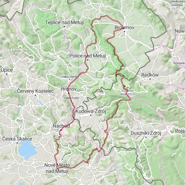 Miniaturní mapa "Náročný gravelový okruh kolem Broumova" inspirace pro cyklisty v oblasti Severovýchod, Czech Republic. Vytvořeno pomocí plánovače tras Tarmacs.app