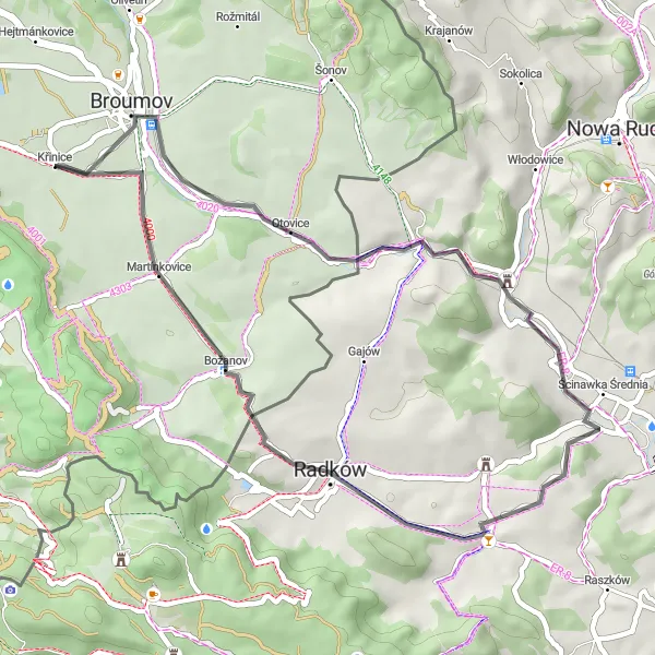 Map miniature of "Broumov to Tłumaczów Road Cycling Route" cycling inspiration in Severovýchod, Czech Republic. Generated by Tarmacs.app cycling route planner