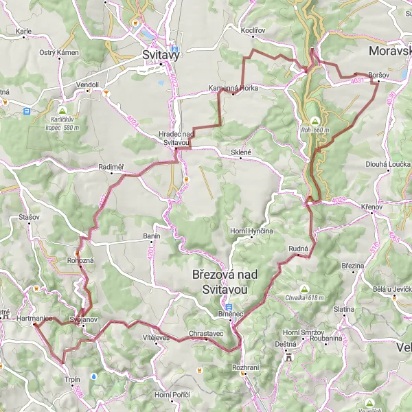 Map miniature of "Scenic Gravel Route to Svojanov and Janůvské čihadlo" cycling inspiration in Severovýchod, Czech Republic. Generated by Tarmacs.app cycling route planner