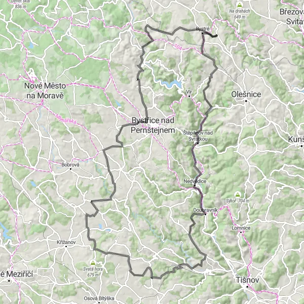 Miniaturní mapa "Okružní silniční trasa kolem Bystrého" inspirace pro cyklisty v oblasti Severovýchod, Czech Republic. Vytvořeno pomocí plánovače tras Tarmacs.app