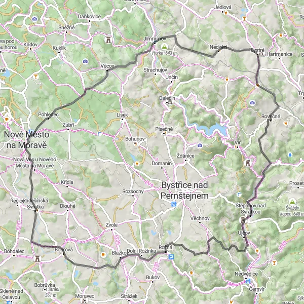 Karten-Miniaturansicht der Radinspiration "Road Rundfahrt durch malerische Dörfer" in Severovýchod, Czech Republic. Erstellt vom Tarmacs.app-Routenplaner für Radtouren
