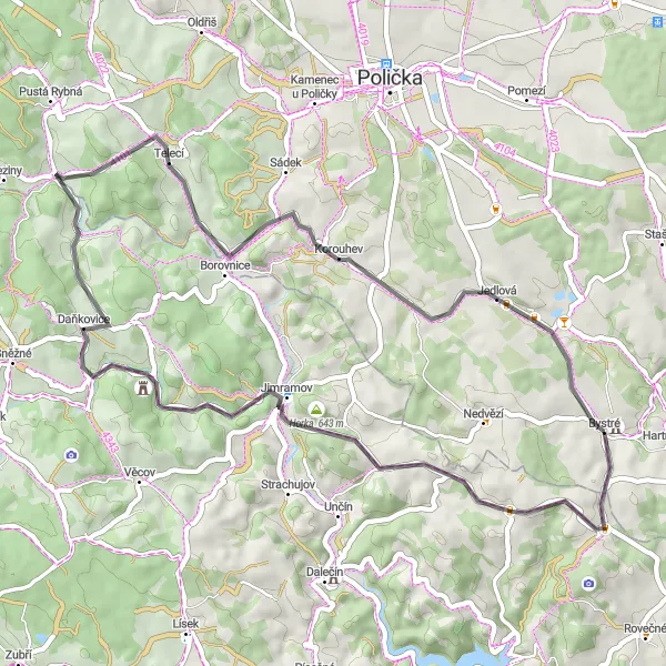 Karten-Miniaturansicht der Radinspiration "Straßenroute nach Sulkovec, Horka, Štarkov, Daňkovice, Lačnov und Jedlová" in Severovýchod, Czech Republic. Erstellt vom Tarmacs.app-Routenplaner für Radtouren