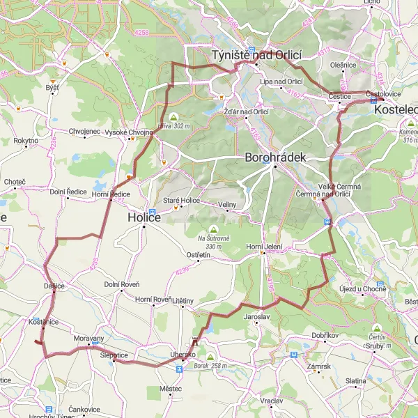 Karten-Miniaturansicht der Radinspiration "Gravel Tour um Častolovice" in Severovýchod, Czech Republic. Erstellt vom Tarmacs.app-Routenplaner für Radtouren