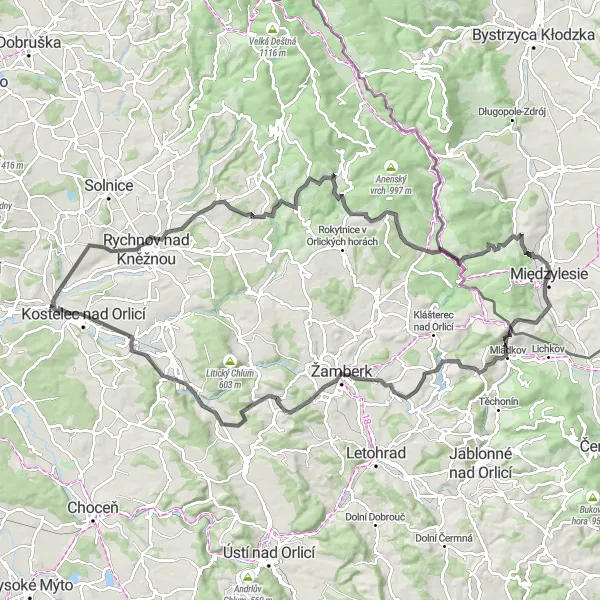 Map miniature of "Exploring Orlické hory" cycling inspiration in Severovýchod, Czech Republic. Generated by Tarmacs.app cycling route planner
