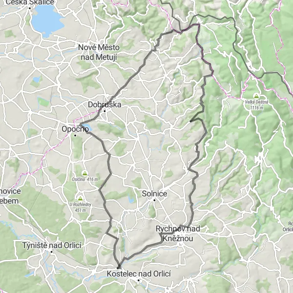Mapa miniatúra "Hrázemi Orlických jezer" cyklistická inšpirácia v Severovýchod, Czech Republic. Vygenerované cyklistickým plánovačom trás Tarmacs.app