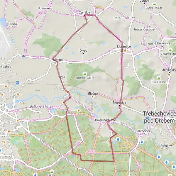 Mapa miniatúra "Gravelový okruh kolem Černilova" cyklistická inšpirácia v Severovýchod, Czech Republic. Vygenerované cyklistickým plánovačom trás Tarmacs.app