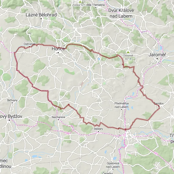 Miniaturní mapa "Okrouhlík a Hustířany Gravel Cyklistická Trasa" inspirace pro cyklisty v oblasti Severovýchod, Czech Republic. Vytvořeno pomocí plánovače tras Tarmacs.app