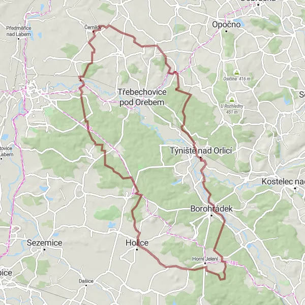 Map miniature of "Scenic Gravel Tour of Černilov" cycling inspiration in Severovýchod, Czech Republic. Generated by Tarmacs.app cycling route planner