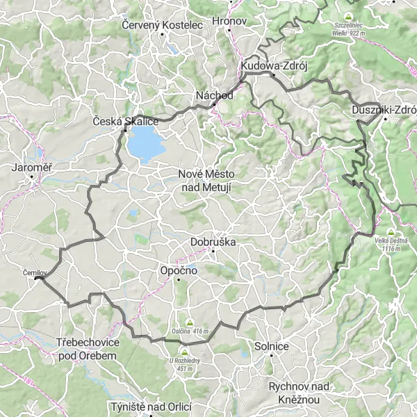 Miniaturní mapa "Náročná road trasa z Černilova" inspirace pro cyklisty v oblasti Severovýchod, Czech Republic. Vytvořeno pomocí plánovače tras Tarmacs.app