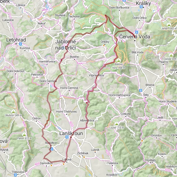 Map miniature of "Červená Voda Mountain Bike Adventure" cycling inspiration in Severovýchod, Czech Republic. Generated by Tarmacs.app cycling route planner