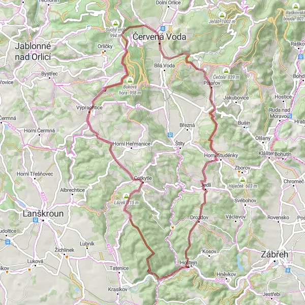 Mapa miniatúra "Gravelový okruh Pustinou" cyklistická inšpirácia v Severovýchod, Czech Republic. Vygenerované cyklistickým plánovačom trás Tarmacs.app