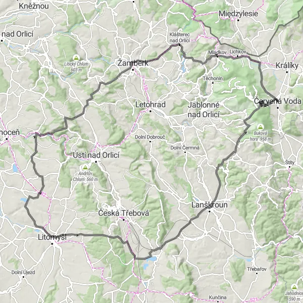 Mapa miniatúra "Cestná trasa od Červená Voda" cyklistická inšpirácia v Severovýchod, Czech Republic. Vygenerované cyklistickým plánovačom trás Tarmacs.app