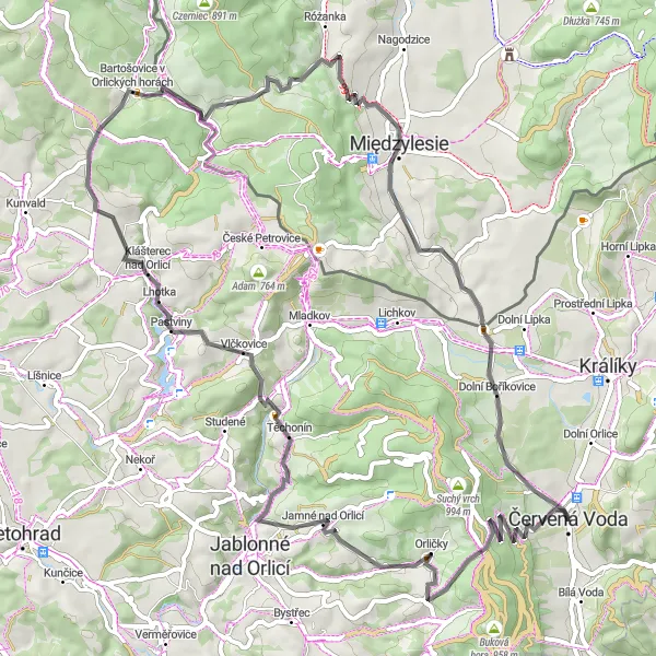 Miniaturní mapa "Road trip kolem malebné Červené Vody" inspirace pro cyklisty v oblasti Severovýchod, Czech Republic. Vytvořeno pomocí plánovače tras Tarmacs.app