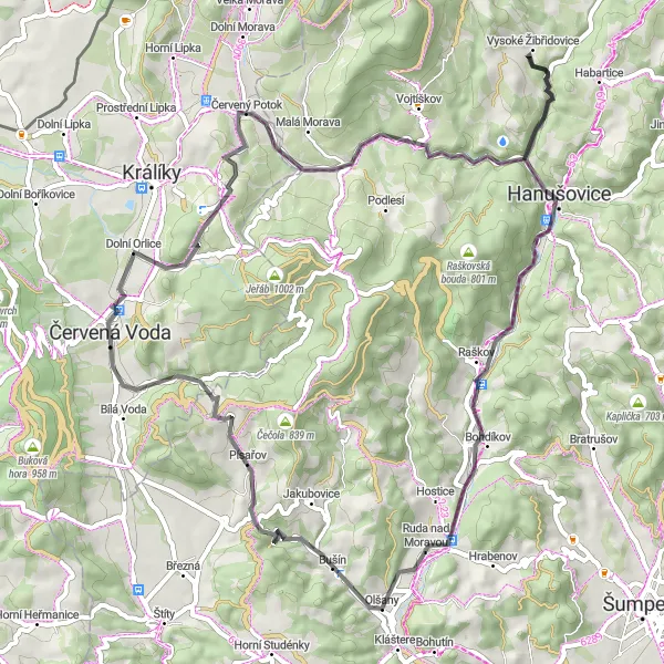 Map miniature of "Orlicé Hills" cycling inspiration in Severovýchod, Czech Republic. Generated by Tarmacs.app cycling route planner