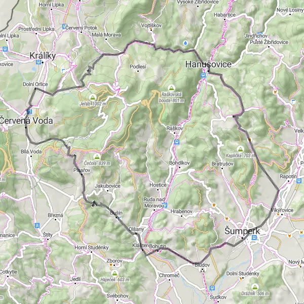 Miniaturní mapa "Cyklistická trasa Červená Voda - Moravský Karlov" inspirace pro cyklisty v oblasti Severovýchod, Czech Republic. Vytvořeno pomocí plánovače tras Tarmacs.app