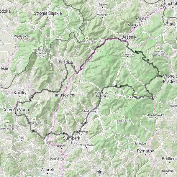 Miniaturní mapa "Okružní cyklistická trasa kolem Červené Vody" inspirace pro cyklisty v oblasti Severovýchod, Czech Republic. Vytvořeno pomocí plánovače tras Tarmacs.app