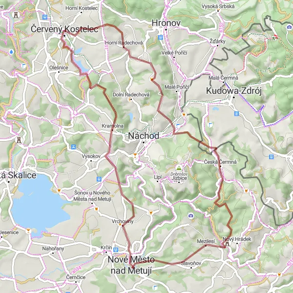 Map miniature of "Červený Kostelec Gravel Escape" cycling inspiration in Severovýchod, Czech Republic. Generated by Tarmacs.app cycling route planner