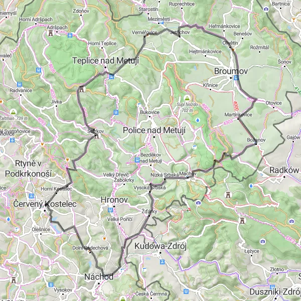 Miniaturní mapa "Okruh kolem Červeného Kostelce - Road" inspirace pro cyklisty v oblasti Severovýchod, Czech Republic. Vytvořeno pomocí plánovače tras Tarmacs.app