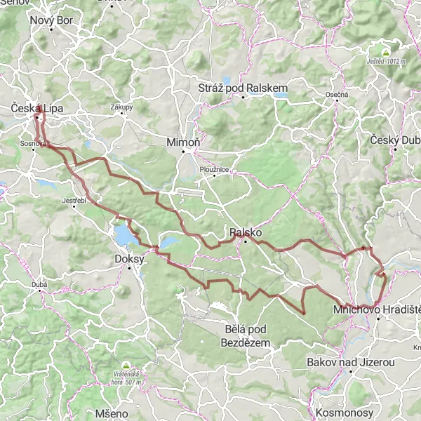 Mapa miniatúra "Gravel okruh v blízkosti České Lípy" cyklistická inšpirácia v Severovýchod, Czech Republic. Vygenerované cyklistickým plánovačom trás Tarmacs.app