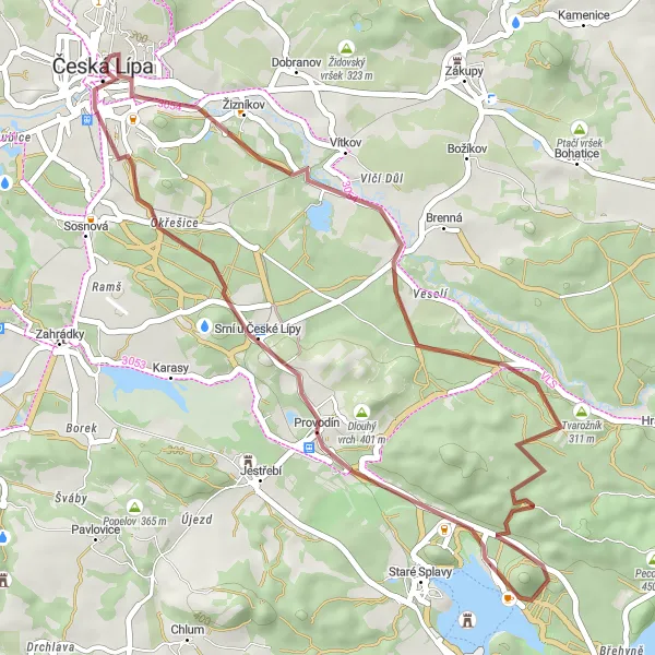 Miniaturní mapa "Gravelová cesta okolo Heřmaniček a České Lípy" inspirace pro cyklisty v oblasti Severovýchod, Czech Republic. Vytvořeno pomocí plánovače tras Tarmacs.app