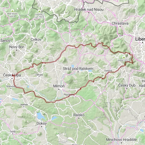 Miniaturní mapa "Výzva podél Ještědu a skalních útesů" inspirace pro cyklisty v oblasti Severovýchod, Czech Republic. Vytvořeno pomocí plánovače tras Tarmacs.app